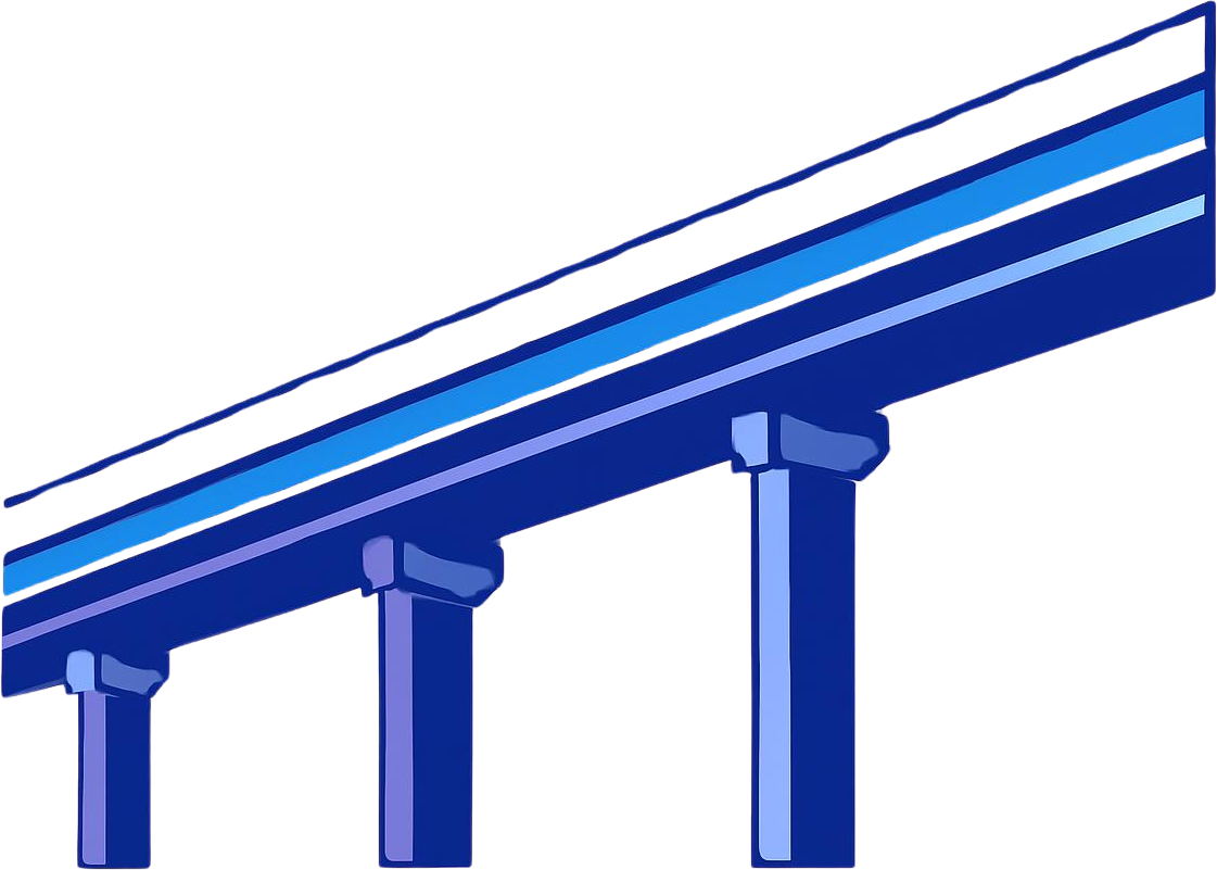 An elevated expressway viaduct on piers, its deck marked with a Data Stream Blue line
